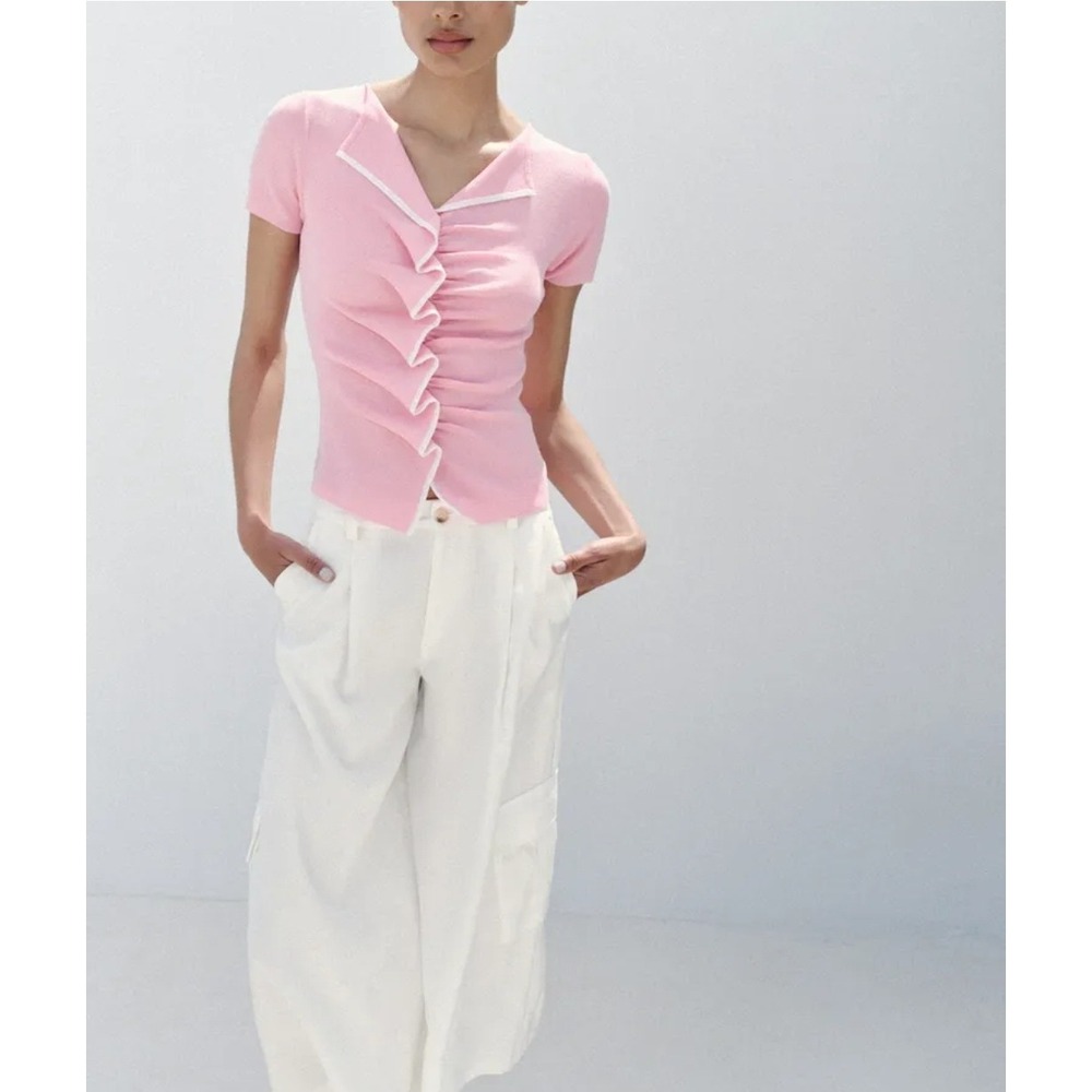 Zara RUCHED KNIT TOP pink Medium new with tags